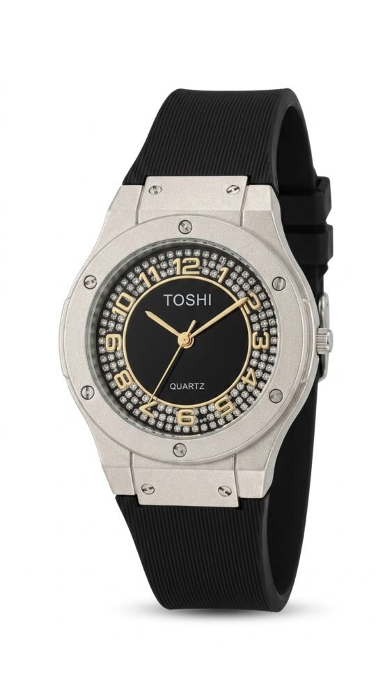 Toshi Women's Crystal-Studded Black Dial Sport Watch