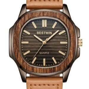 Bestwin Wood-Bezel Leather Strap Watch