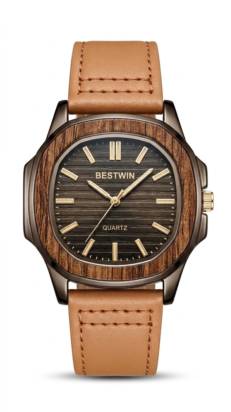 Bestwin Wood-Bezel Leather Strap Watch