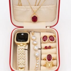 Gold-Tone Crystal Touch Watch & Ruby-Red Jewelry Gift Set